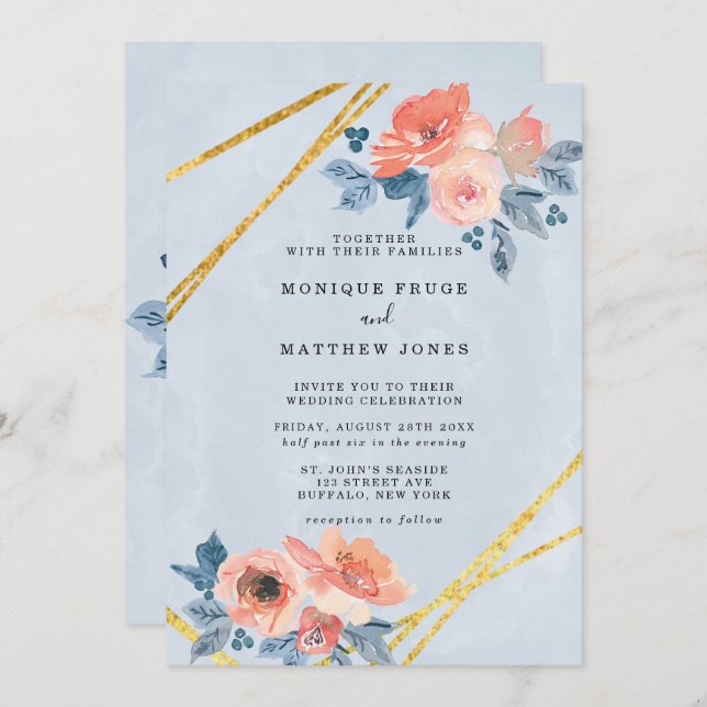 Coral und Dusty Blue Floral Gold Geometric Wedding Einladung (Vorne/Hinten)