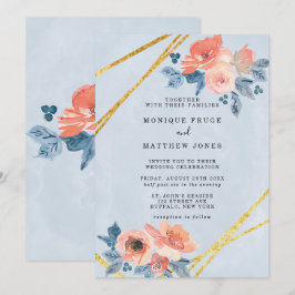 Coral und Dusty Blue Floral Gold Geometric Wedding Einladung