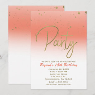 Coral- und Gold- Moderne Glamour Konfetti-Geburtst Einladung