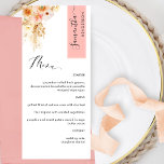 Coral und Peach Blush Personalisiert mit Gast Name Menükarte<br><div class="desc">Warum in Platzkarten und Menükarten verbringen, wenn Sie ein elegantes All-in-One-Menü personalisiert mit jedem Gast-Namen haben können! Modernes, einfaches und elegantes Design mit exquisiten, floralen Wasserfarben-Details in einer schönen Mischung aus pfirsichfarbenen, orangefarbenen, rot-rosa Korallen, Creme und Champagner. Moderne handgeschriebene Kalligrafieelemente. Stripe oben rechts in korallenrosa Ton mit Gastname in schwarz....</div>