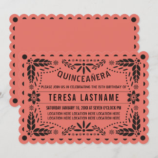 Coral und schwarz Papel picado Quinceañera Einladung