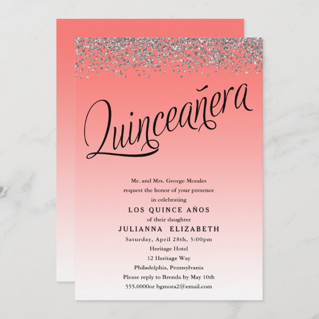 Coral und Silver Quinceanera Geburtstagseinladung Einladung (Vorne/Hinten)