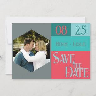 Coral- und Teal-Farbblock-STD-Foto-Flachkarte Save The Date
