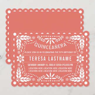 Coral und Weiß Papel Picado Quinceañera Einladung