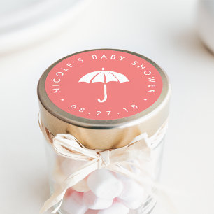 Coral und White Umbrella Baby Dusche Runder Aufkleber