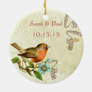 Coral Vintag Bird Save the Date Foto Brown Notes Keramikornament