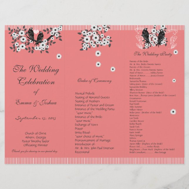 Coral Vintag Birds TriFold Hochzeitsprogramm (Vorderseite)
