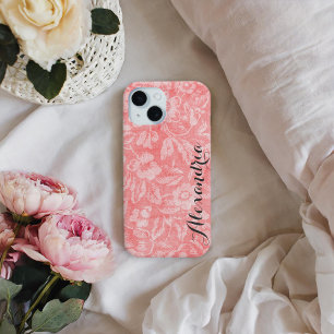 Coral Vintag Floral Print Monogram iPhone 16 Hülle