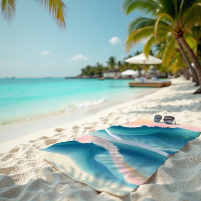 Coral Wappen Fluid Abstrakt Coastal Strandtuch (Coral Crest Towel. Dynamic coral & aqua abstract for luxurious sunlit beach lounging.)