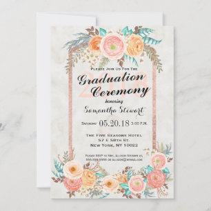 Coral Watercolor-Blume und Gold-Abschluss Einladung