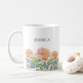 Coral Watercolor Blumengrün Blätter Vorname Kaffeetasse