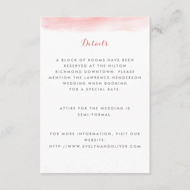 Coral Watercolor Dip Wedding Begleitkarte (Vorderseite)
