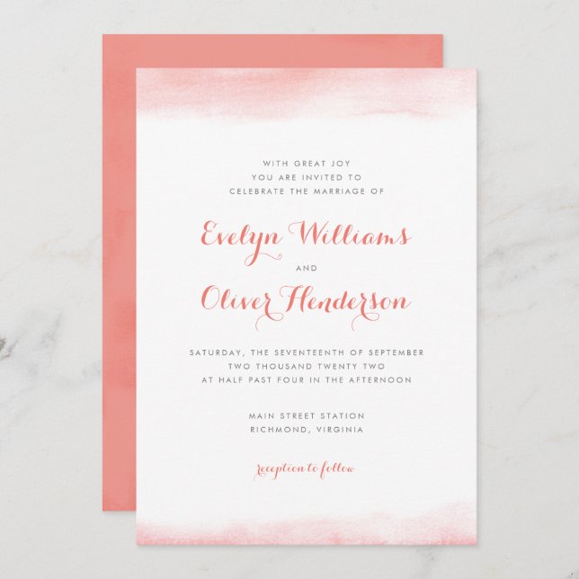 Coral Watercolor Dip Wedding Einladung (Vorne/Hinten)