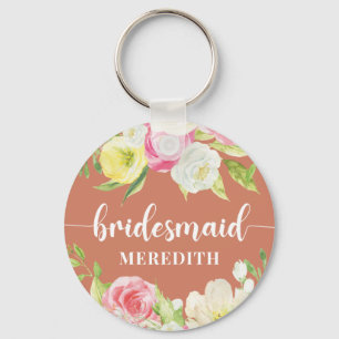 Coral Watercolor Floral Bridesmaid Name Schlüssela Schlüsselanhänger