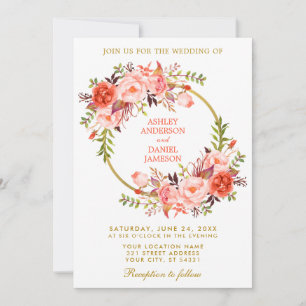 Coral Watercolor Floral Wreath Wedding Gold Einladung