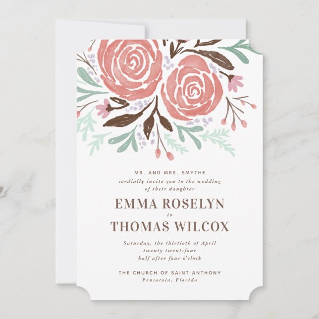 Coral Watercolor Rose Blumenzehen Einladung (Vorderseite)