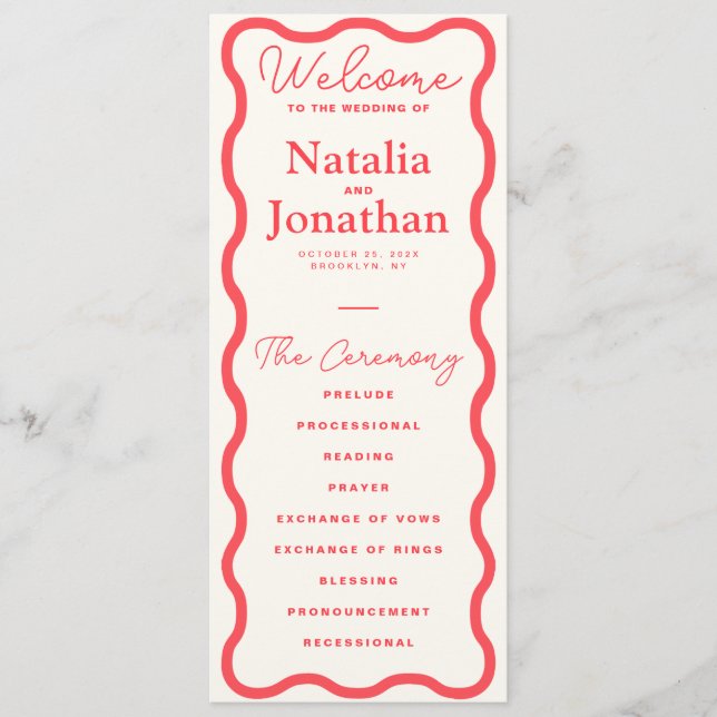 Coral Wavy Retro Wedding Programm (Vorderseite)