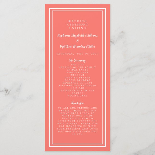 Coral Wedding Service Zeremonie Minimalistisch Sim Programm (Vorderseite)