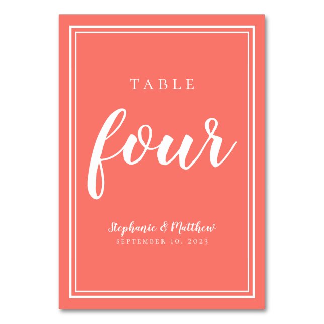 Coral Wedding Tischnummer Vier Minimalistische Mod (Vorderseite)
