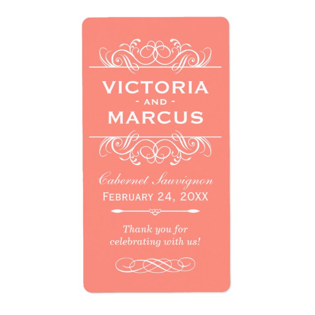 Coral Wedding Wine Bottle Monogram Fevor Labels (Vorne)