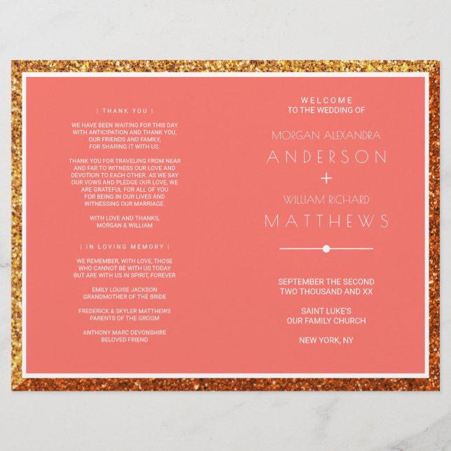 Coral Wedding Zeremony Programm Elegante (Vorderseite)
