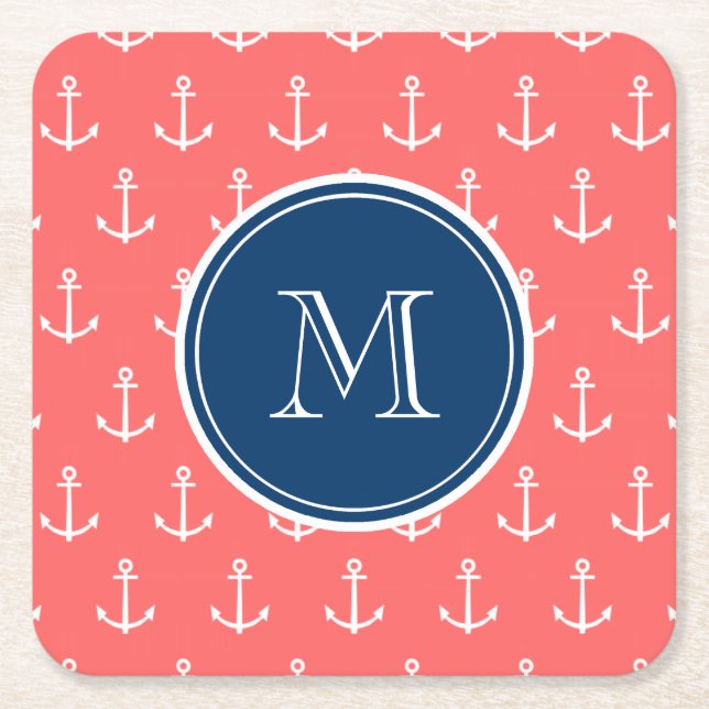 Coral White Anchors Pattern, Navy Blue Monogram Rechteckiger Pappuntersetzer (Vorderseite)