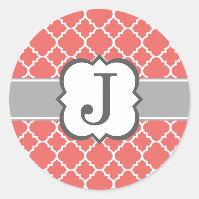 Coral White Monogram Letter J Quatrefoil Runder Aufkleber (Vorderseite)