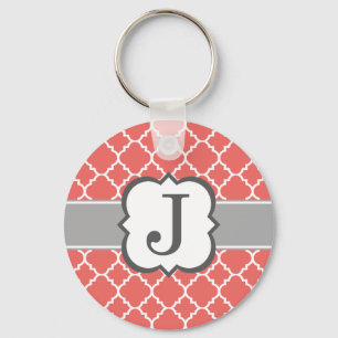 Coral White Monogram Letter J Quatrefoil Schlüsselanhänger