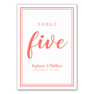 Coral & White Wedding einfache Tischnummer fünf