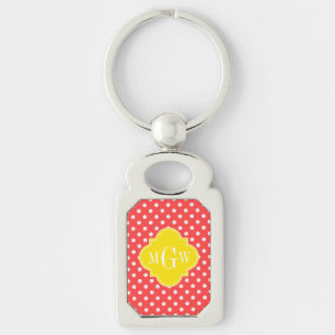 Coral WhPolka Dots Yellow Quatrefolie 3 Monogramm Schlüsselanhänger
