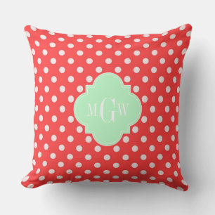 Coral Wht Polka Punkte Mint Vierpass 3 Monogramm Kissen