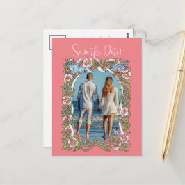 Coral Wildblume Bird Border Save the Date Foto Postkarte