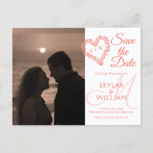 Coral Woodsy Wedding speichern das Datum Ihres Fot Einladungspostkarte