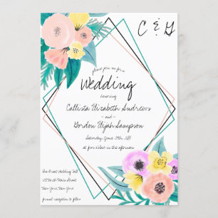 Coral Yellow Floral Watercolor Geo Frame Wedding Einladung