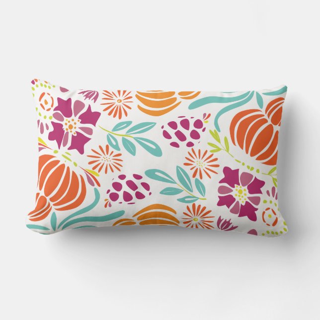 Coral Yellow Lila Green Art Deco Blumenmuster Lendenkissen (Vorderseite)