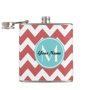 Coral Zickzack Aqua Monogram, Personalisiert Flachmann