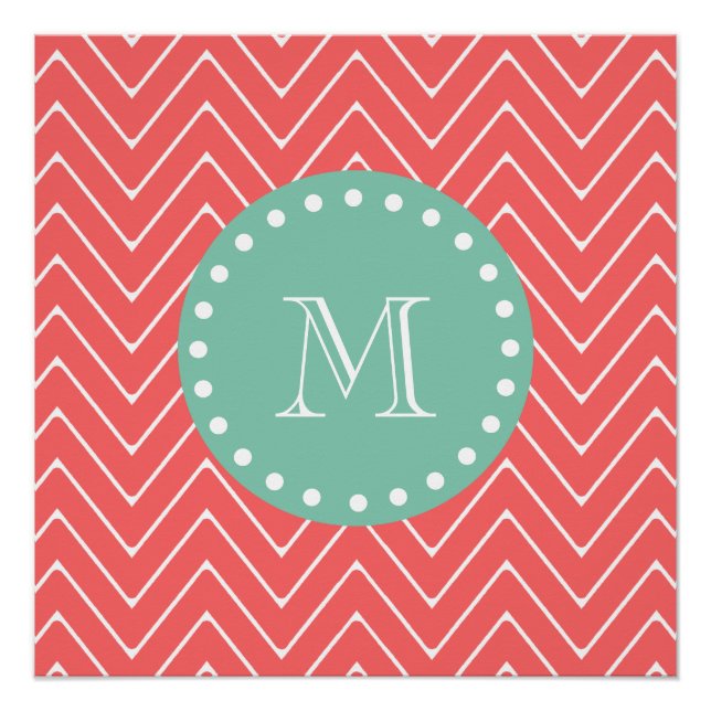 Coral Zickzack Pattern | Minze grüne Monogramm Poster (Vorderseite)