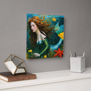 "Coralyn" - Wunderschöne mystische Meerjungfrau Quadratische Wanduhr