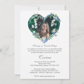 Corazón Floral en Azul con Foto de Quinceañera