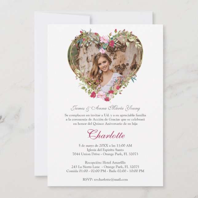 Corazón Floral Rosa y Rojo con Foto de Quinceañera (Vorderseite)