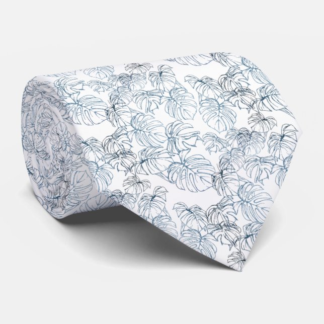 Corbata blanco con hojas azules disperses krawatte (Gerollt)