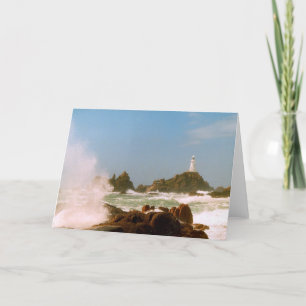 Corbiere Lighthouse in einem Wintersturm Feiertagskarte