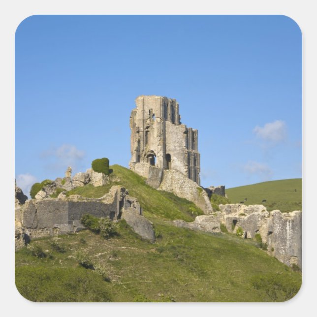 Corfe Castle, Corfe, Dorset, England Quadratischer Aufkleber (Vorderseite)