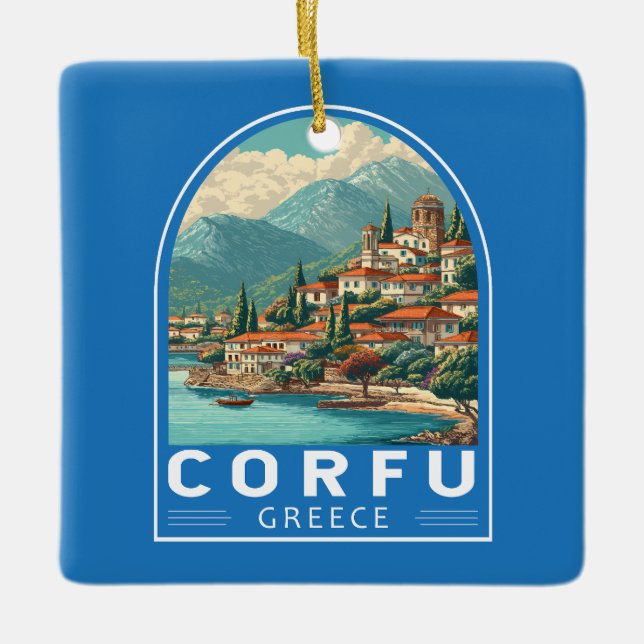 Corfu Greece Travel Art Emblem Keramikornament (Vorderseite)
