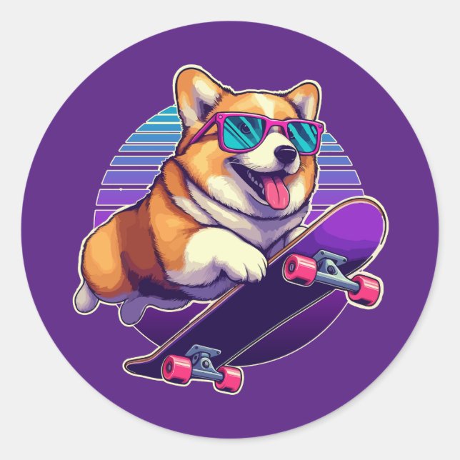 Corgi 80er-Skater Runder Aufkleber (Vorderseite)