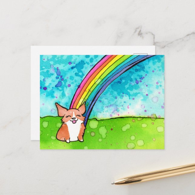 Corgi am Ende des Regenbogens Postkarte (Vorderseite/Rückseite Beispiel)