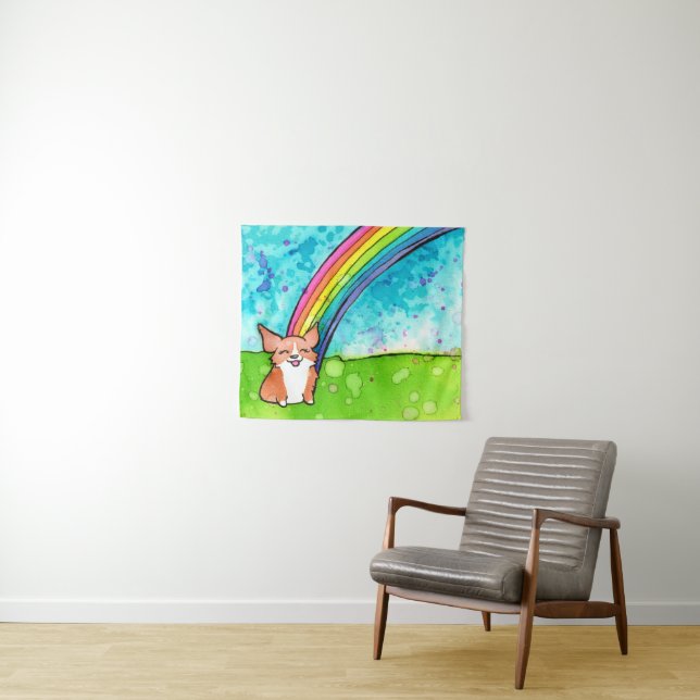 Corgi am Ende des Regenbogens Wandteppich (Beispiel (Horizontal))