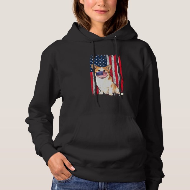 Corgi American Flag Hund trägt Gesichtsmaske 4. Ju Hoodie (Vorderseite)
