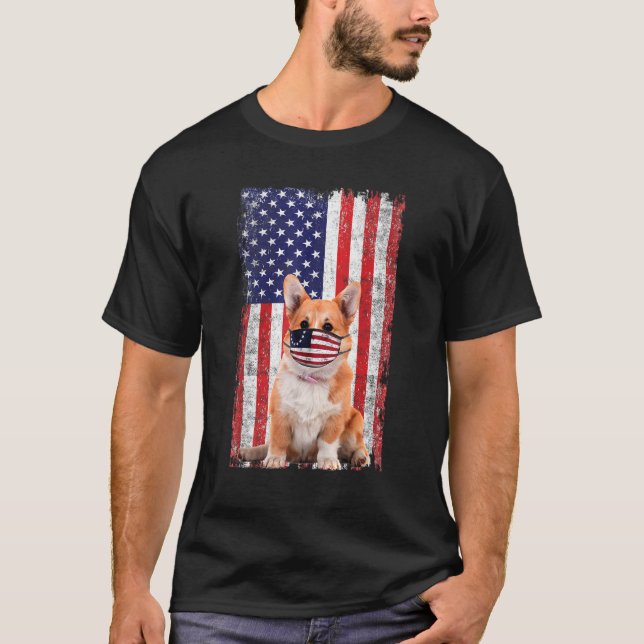 Corgi American Flag Hund trägt Gesichtsmaske 4. Ju T-Shirt (Vorderseite)