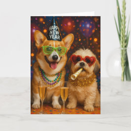 Corgi and Shitzu Pups Celebrating New Years Card Karte